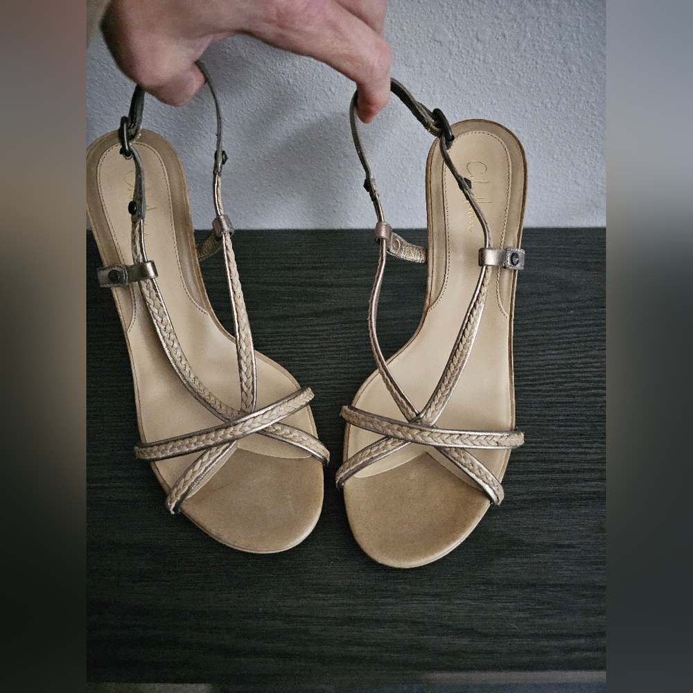 Cole Haan Sexy Strappy Open Toe Slingback Silver Tan Heels Size 7.5